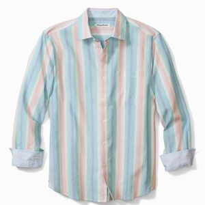 Tommy Bahama Men's linen Sunset Pier Stripe Shirt, Blue Crush large